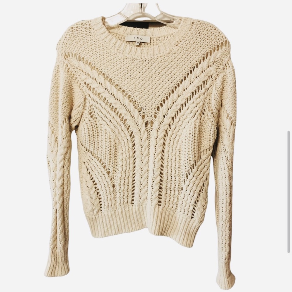 IRO Neutrals Crew Neck Long Sleeve Cream Crochet Pullover Sweater XS